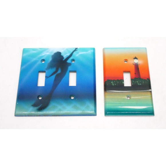 Mermaid Double & Lighthouse Single Light Switch Plate Hand Painted C. Crawford - Picture 1 of 9
